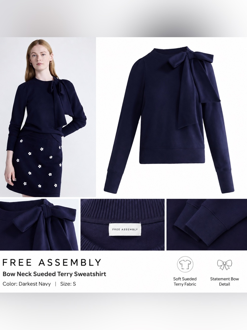 NWT Free Assembly Darkest Navy Bow-Neck Sueded Terry Sweatshirt Small